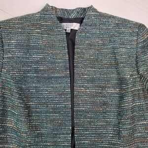 Kasper Separates Womens 12P Teal Green Tweed Open Front Collarless Blazer Jacket